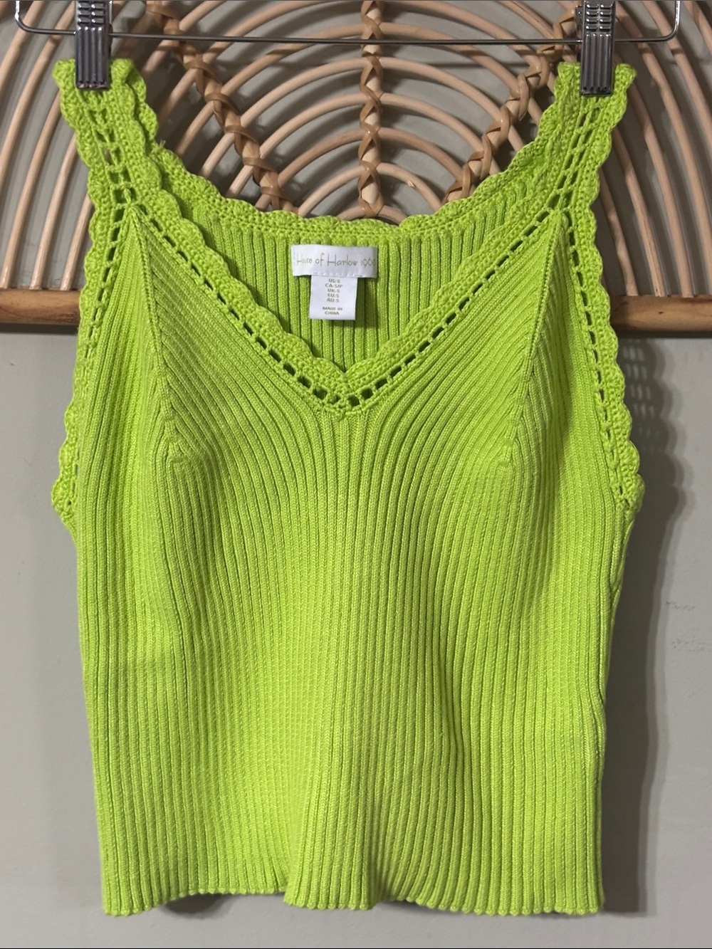 House of Harlow 1960 Lime Green Ribbed Knit Tank with Crochet Trim